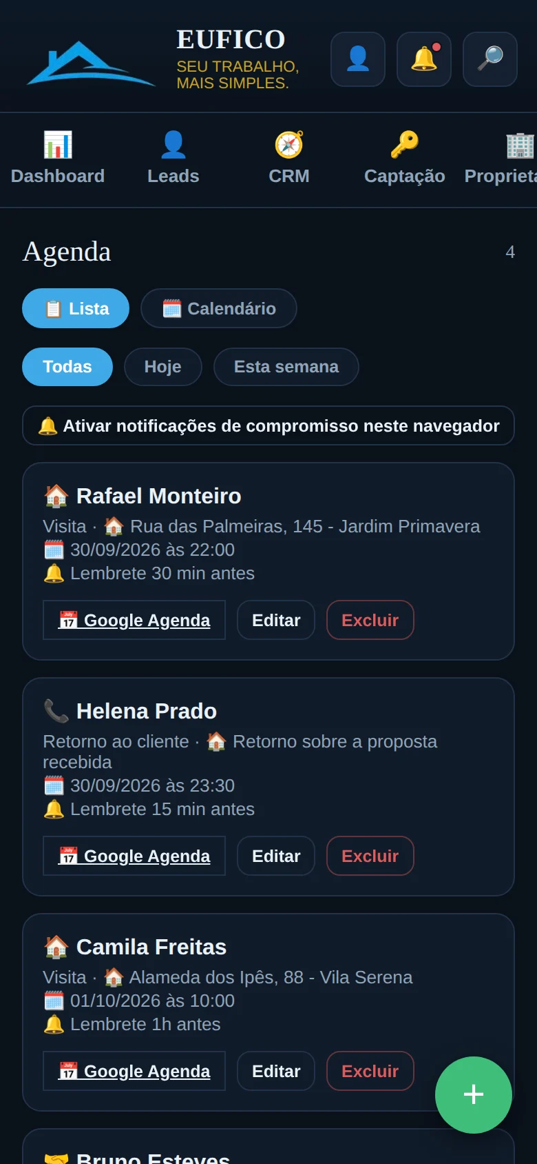 Agenda com visitas e retornos do dia e lembretes configurados (dados fictícios)