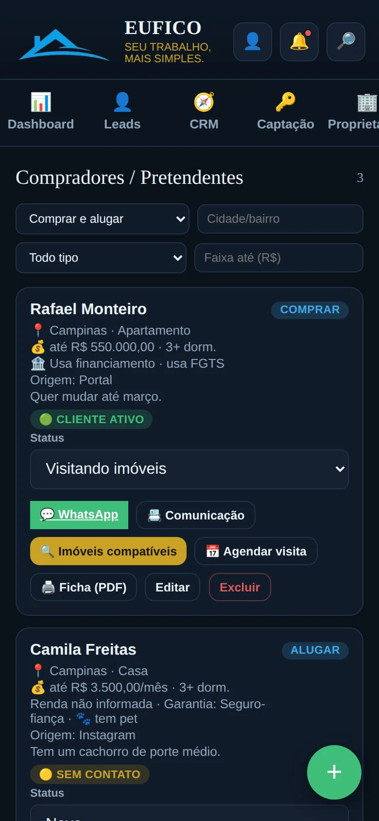 Cadastro de compradores e pretendentes com o botão de imóveis compatíveis (dados fictícios)