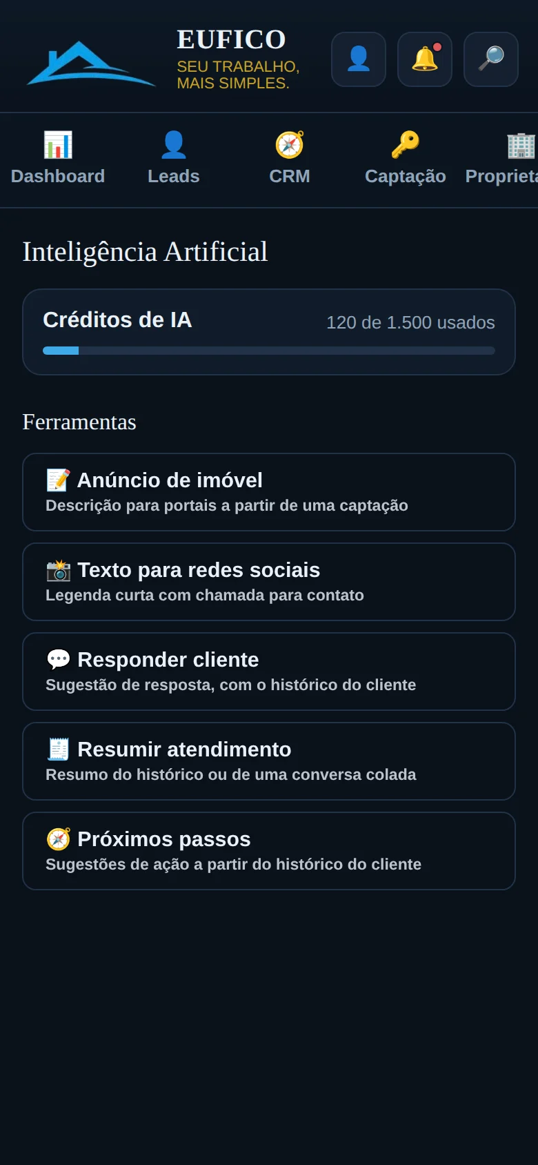 Tela de Inteligência Artificial com as cinco ferramentas e o consumo de créditos (dados fictícios)