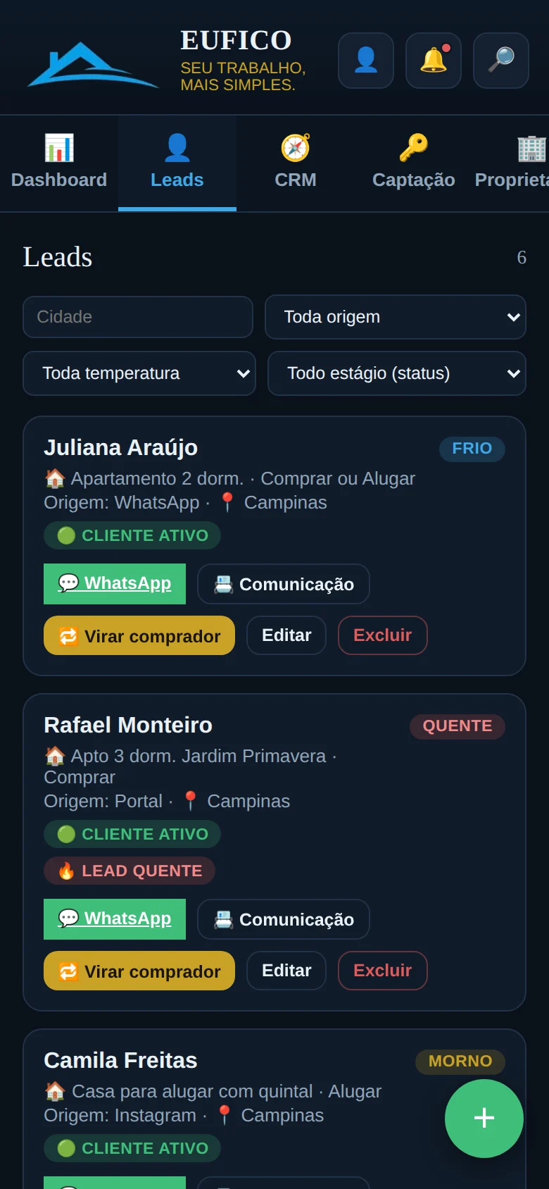 Lista de leads com temperatura, origem e botões de WhatsApp e comunicação (dados fictícios)