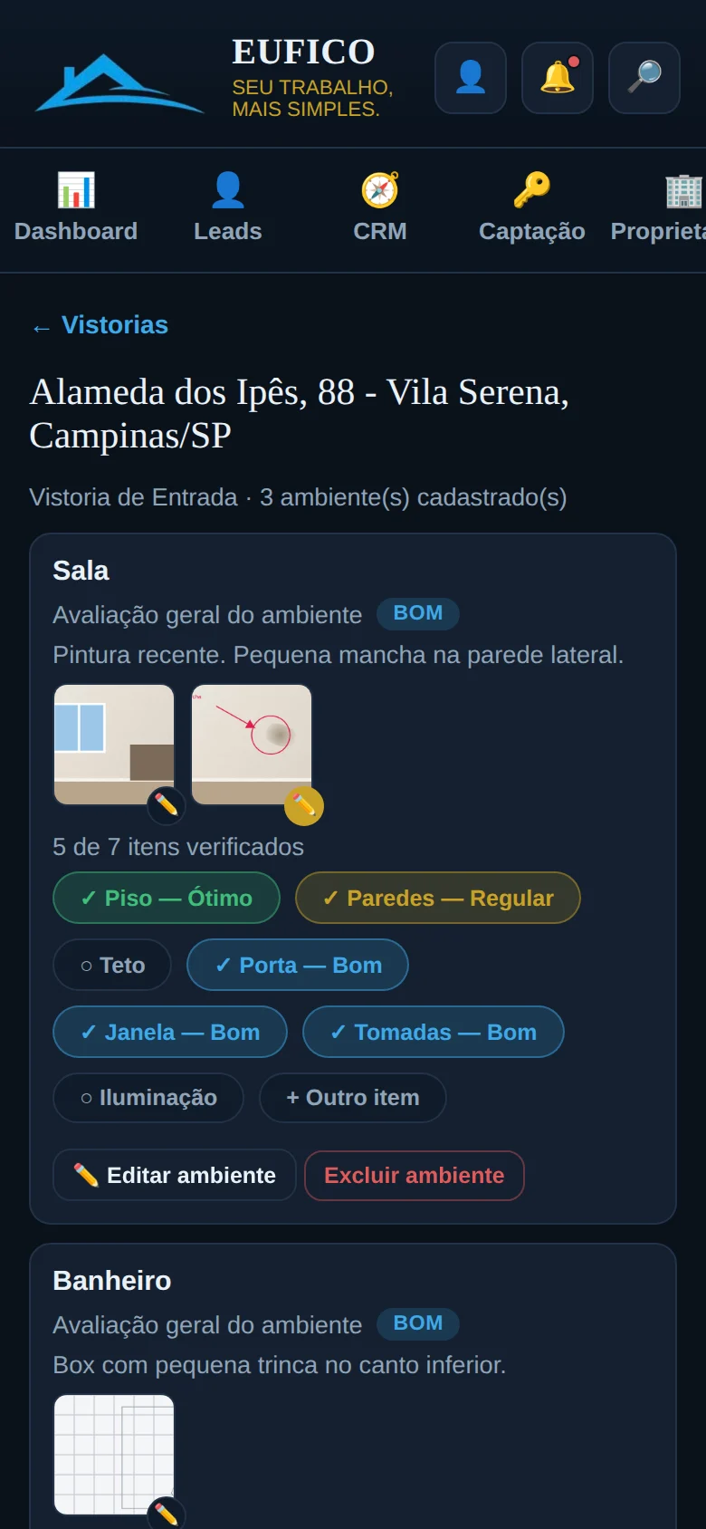 Vistoria em andamento com ambientes, fotos anotadas e itens avaliados (dados fictícios)
